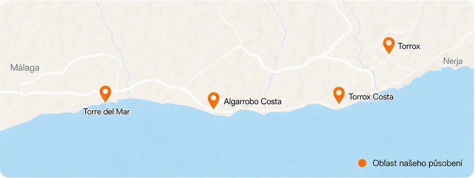 Mapa východní části Costa del Sol s lokalitami Torre del Mar, Algarrobo Costa, Torrox Costa a Torrox